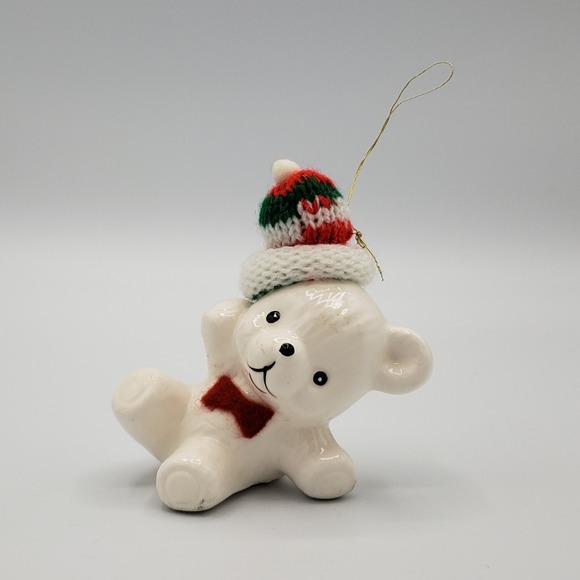 Other - White Teddy Bear Polar Tumbling With Hat Bowtie‎ Ceramic Christmas Ornament Cute